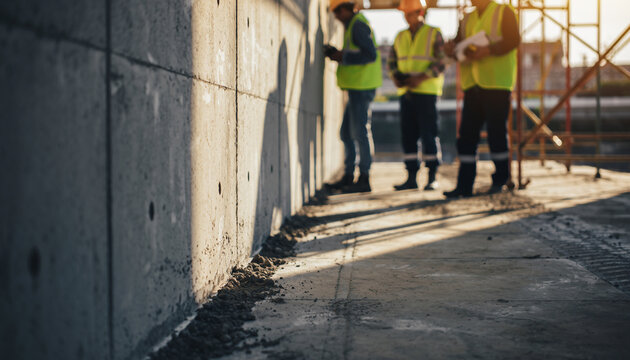 Construction workers in safety vests working on a concrete structure.