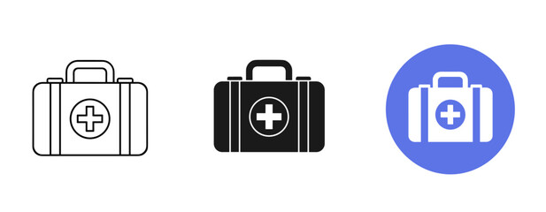 Medical first aid kit icons in line, solid, and colored styles