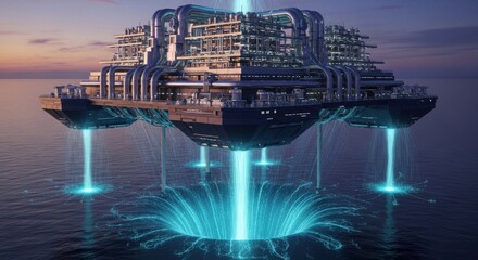 Obraz premium Futuristic offshore platform harnessing underwater energy with glowing blue tech
