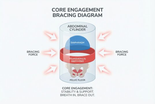 Comprehensive Core Engagement Diagram Illustrating Stability and Support Mechanisms with Emphasis on Diaphragm Contributions and Abdominal Cylinder Dynamics
