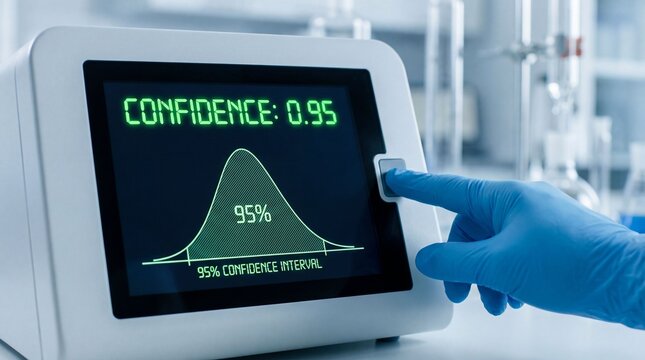 Researcher pressing a button on a device showing statistical confidence in a modern laboratory