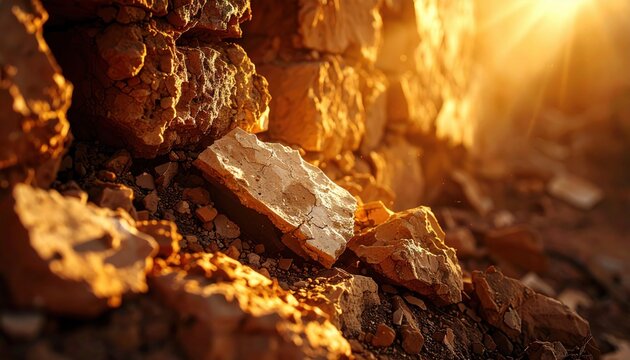 FlyPro Firefly capture of crumbling sun-dried adobe fragments, revealing their incredibly weathered texture with strong, direct lighting, highlighting geological details.