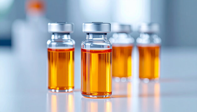 Glass ampoules with vibrant orange Vitamin B12 solution, laboratory surface, medical treatment