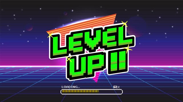Level up Loading screen. Retro pixel arcade machine 8 bit monitor press start play button vintage console 1980s.