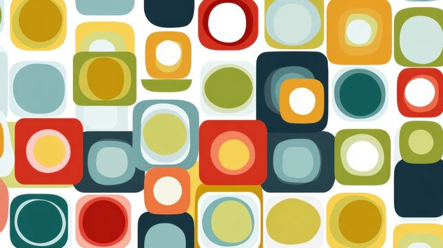 Repeating abstract pattern of colorful rounded squares and circles
