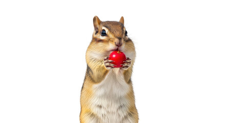 Isolated chipmunk standing upright, eating a red fruit, looking toward the viewer with a snack