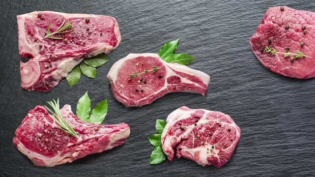 Stop motion of perfect meat steak cuts and spices on graphite background.