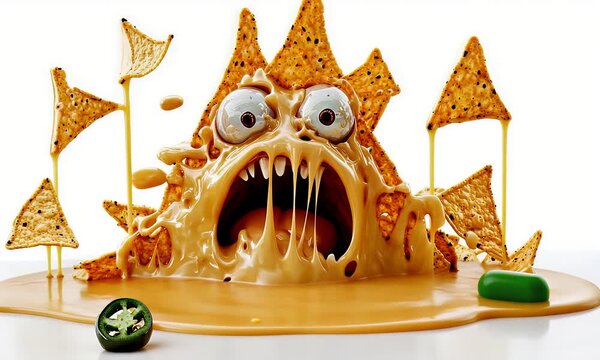 A monstrous waffle creature with gooey caramel and crispy cookie spikes, surrounded by dessert pieces on a sweet platter, viewed from the front