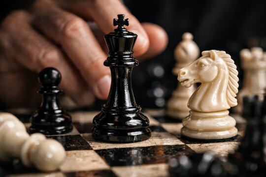 Strategic contemplation at the chessboard revealing intricate moves of a skilled player capturing the essence of competition and mental agility