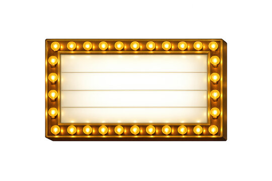 Retro golden marquee sign with shining light bulbs blank board, vintage cinema theater billboard, transparent background