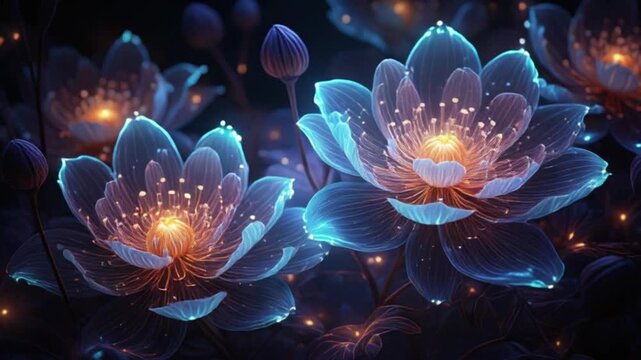 Glowing blue lotus flowers with sparks