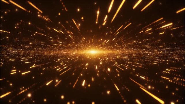 Vibrant lights exploding from center, abstract energy, dynamic motion, golden streaks, and glowing particles, viewed from straight on