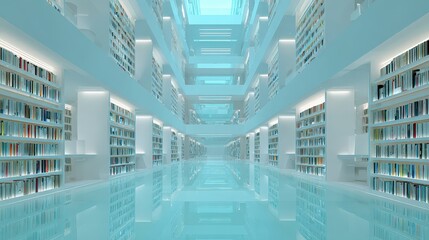 Obraz premium Modern Library Interior with Bright Aesthetic and Reflection Effects