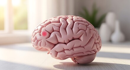 Realistic pink brain model with highlighted areas