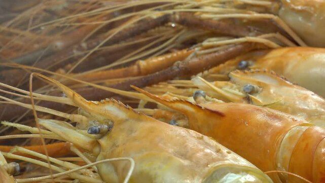 close up of river prown straming thai street food in Bangkok