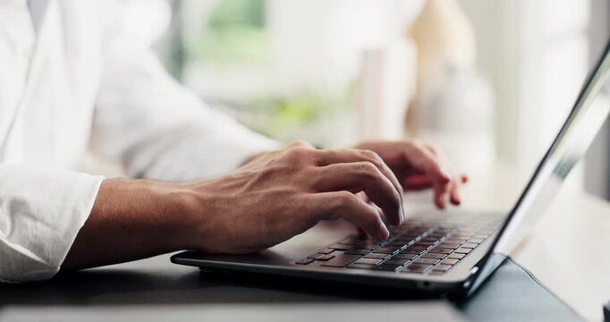 Typing, online and hands with laptop, home office and copywriting on social media or editing article. Creative, copywriter and person with tech for remote work, research and email marketing in house