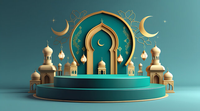 Teal and gold Islamic arch with mosque models and crescent moons