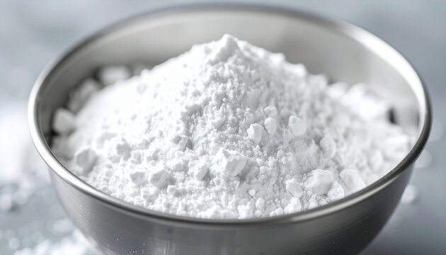 White zinc oxide powder in metallic bowl, fine powder texture, natural remedy and sunscreen ingredient
