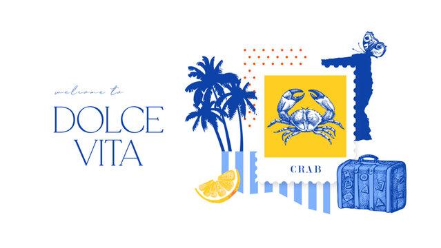 Hand drawn sketch tropical poster. Dolce vita summer vibe. Vintage summer Italy Mediterranean coastal vacation banner. Vector illustration