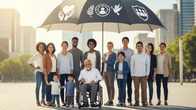Diverse group under protection umbrella with symbolic icons