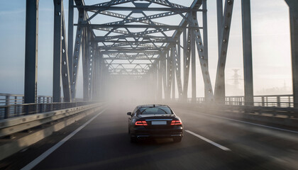 A car driving on a steel bridge with fog and city skyline in background.