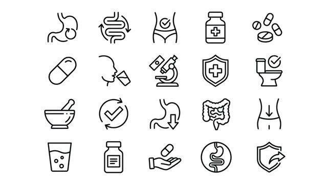 Digestion, intestine, stomach, and probiotics editable stroke outline icons set isolated on white background flat vector illustration.
