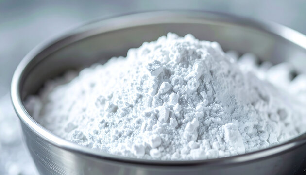 White zinc oxide powder in metallic bowl, fine powder texture, natural remedy and sunscreen ingredient