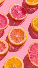 Fototapeta premium Brightly colored citrus fruit halves, including pink grapefruit and oranges, are scattered on a vivid pink background. Strong shadows indicate a sunny day, highlighting fresh, healthy produce
