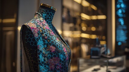 Obraz premium Elegant Dress Form Displaying Floral Fabric in Modern Boutique Setting