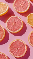 Brightly colored citrus fruit halves, including pink grapefruit and oranges, are scattered on a vivid pink background. Strong shadows indicate a sunny day, highlighting fresh, healthy produce