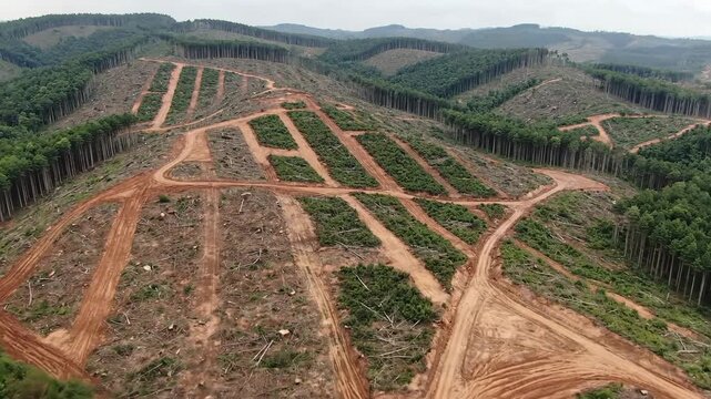 Aerial view of extensive deforestation scarring a lush green hillside with patterns of cleared land and remaining forest sections.