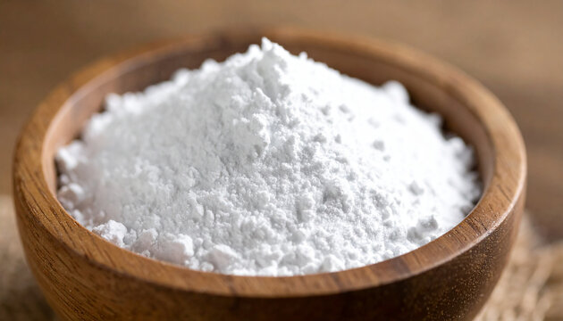 White zinc oxide powder in rustic wooden bowl, fine powder, natural remedy and sunscreen ingredient