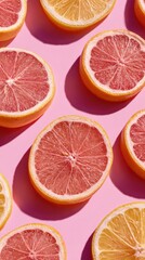 Brightly colored citrus fruit halves, including pink grapefruit and oranges, are scattered on a vivid pink background. Strong shadows indicate a sunny day, highlighting fresh, healthy produce