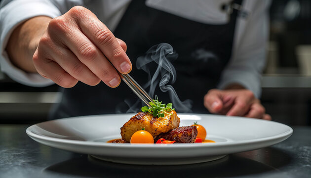 Professional chef finishing gourmet dish in fine dining kitchen.