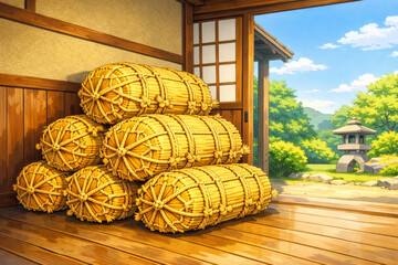 木造蔵に積まれた米俵