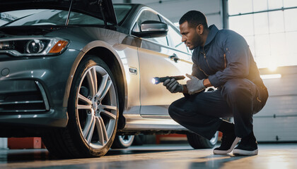 Man inspecting a car with a flashlight inside a garage.