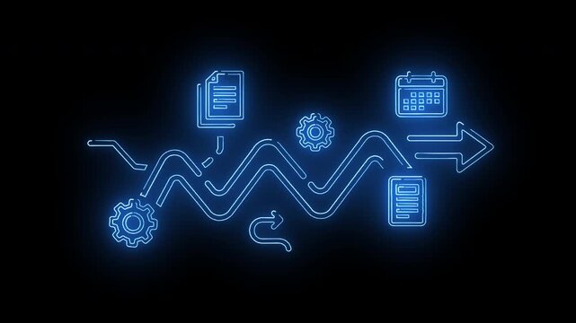 Neon-lit workflow process diagram with glowing blue lines and icons on a black background.