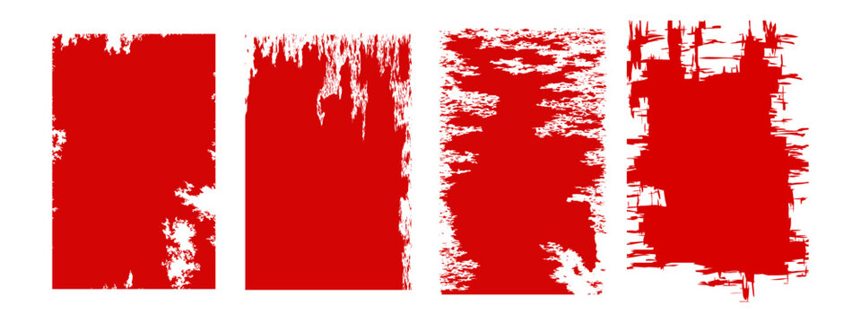 Collection features multiple abstract red brush stroke designed with distressed grunge textures. Each frame displays unique artistic rough edges creating bold and expressive visual borders. 