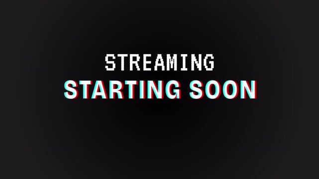 Animated text stream starting soon with glitch effect. Glitch Text Animation Effect on Black Background. 4K Video