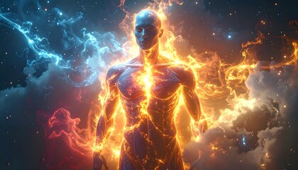A humanoid figure with fiery energy emanating from its body