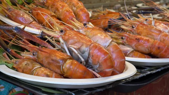 close up of river prown grilled in asian street market