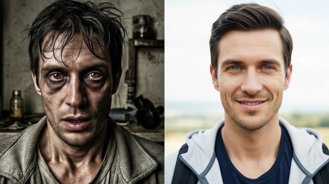 The dire impact of substance addiction on a man's face, a stark contrast to a healthy, vibrant individual thriving through a balanced, positive lifestyle, embodying wellness