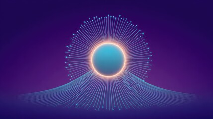 Abstract Digital Art Representation of a Central Sphere Surrounded by Radiating Lines on a Gradient Purple Background