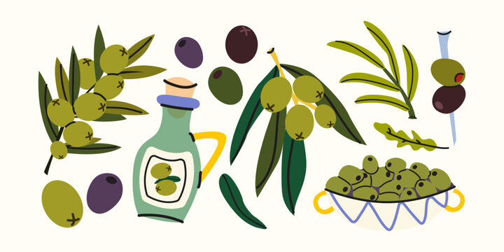 Mediterranean food elements set in cartoon groovy style. Green and black olives, olive branches, olive oil bottles, canned food. Healthy organic food vector illustration in trendy style