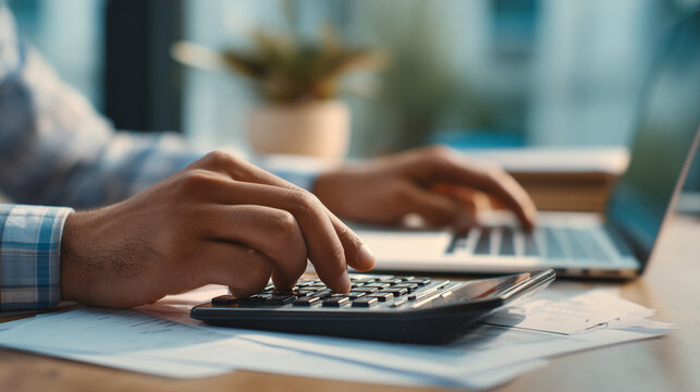 close up of hands using calculator and laptop for financial planning, person calculating mortgage payments and taxes, financial advisor or homeowner managing budget and home loan accounting 