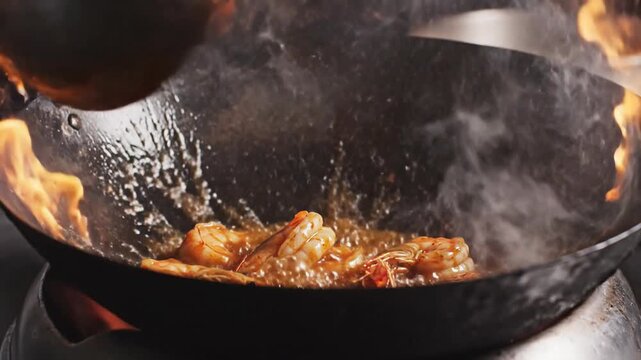 Chef flamb?ing shrimp in a wok with intense flames, close-up cooking action