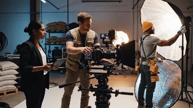 Film Crew Setting Up Professional Camera and Lighting Equipment in Studio for Production