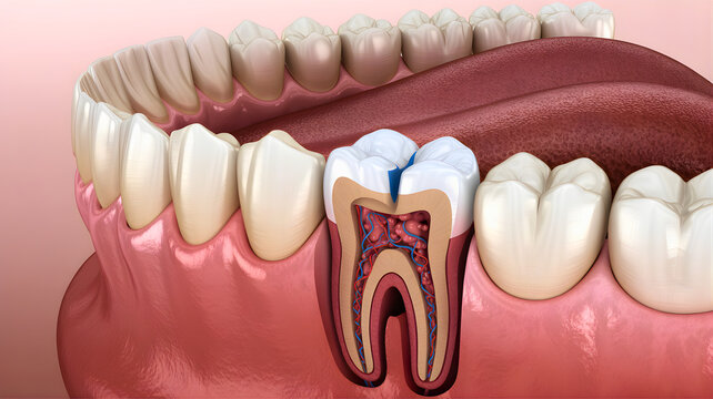 Detailed illustration of a human tooth cross-section showing nerves and blood vessels