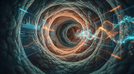Obraz premium A futuristic tunnel design, showcasing data streams and digital interfaces, perfect for visualizations.