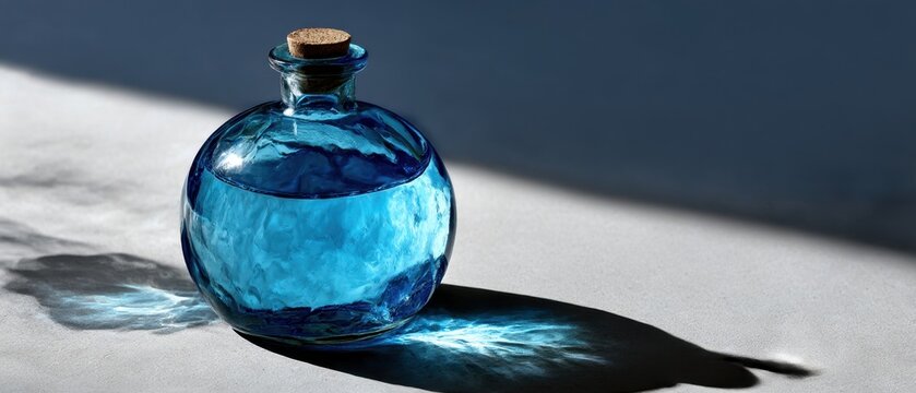 Blue glass bottle filled with solarized water in natural sunlight. Alternative wellness concept with energy infusion, clean hydration, minimal design and calm shadow on light background.